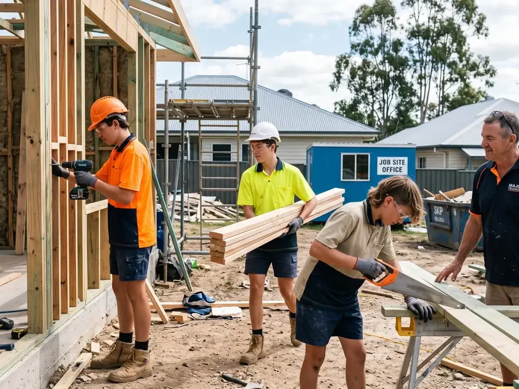 Three teenage trade apprentices work on a wooden house framing structure under the supervision of a Major Training supervisor on a Queensland residential construction site.