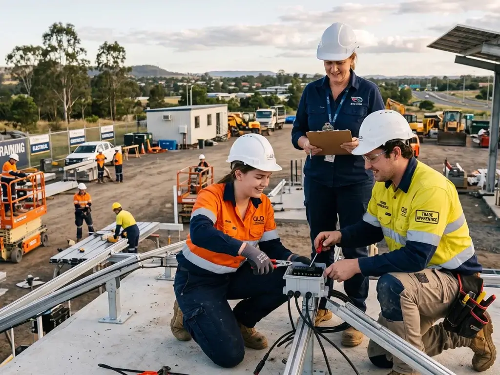 A male and female vocational student in high-visibility workwear working on an electrical panel while a female instructor holding a clipboard supervises at an outdoor Queensland training facility.