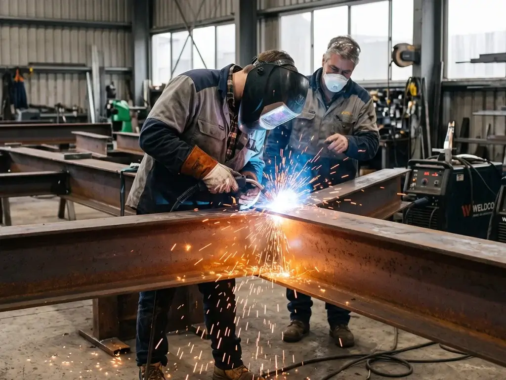 An apprentice welder using a MIG torch on a large structural steel I-beam while a senior supervisor observes in an industrial workshop.