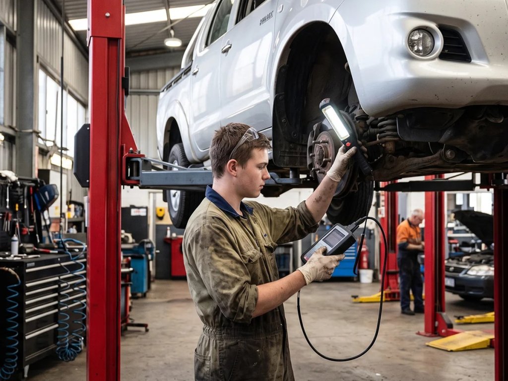 Mechanic working on a car engine in an automotive workshop
