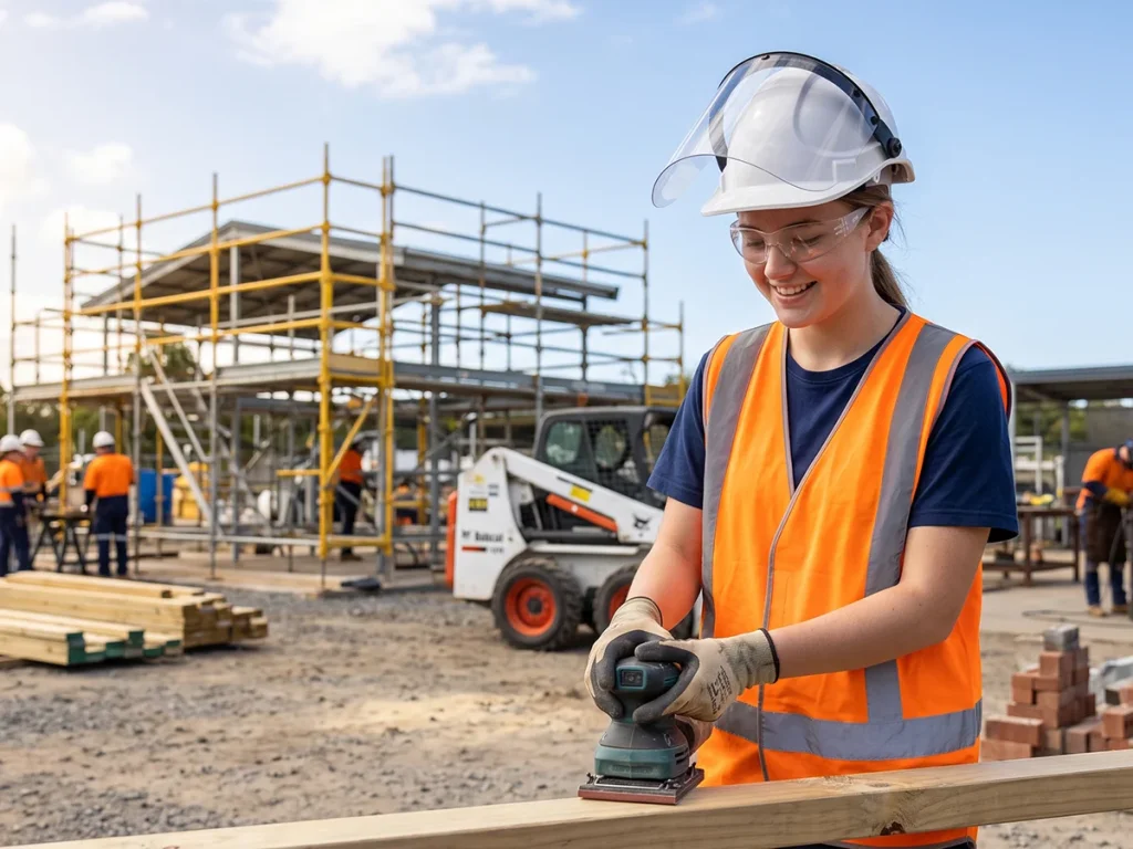 Female school student in hi-vis vest and face shield sanding timber at a construction training site