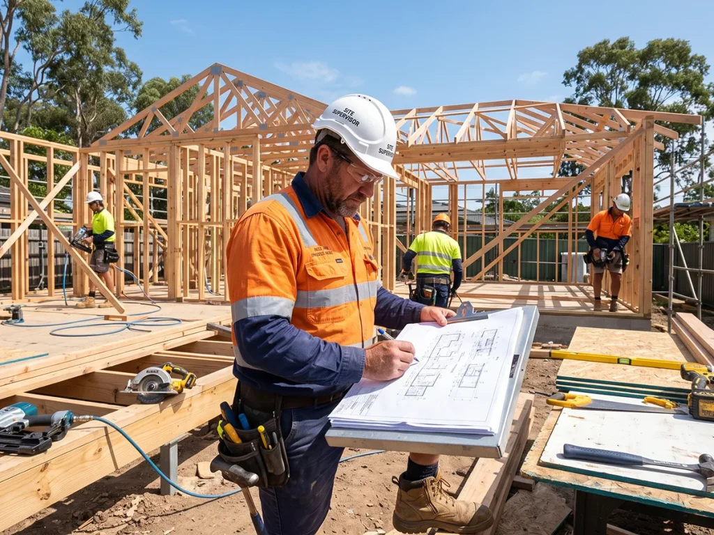 Site supervisor in hi-vis reviewing building plans at a timber-framed house construction site in Australia