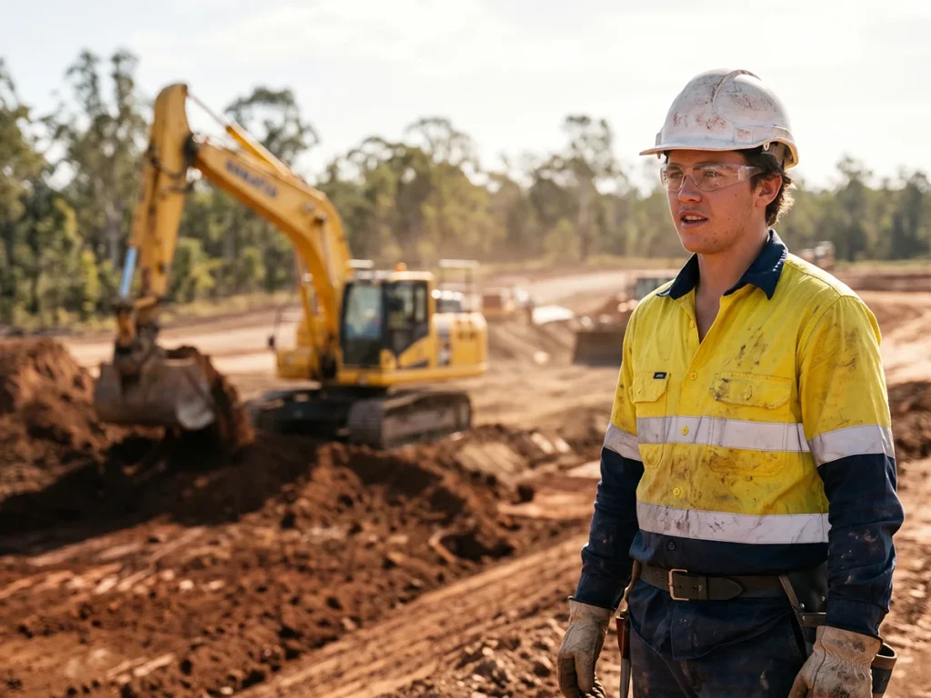 A young civil construction apprentice in high-visibility workwear and hard hat standing on an earthmoving site with a yellow excavator in the background.