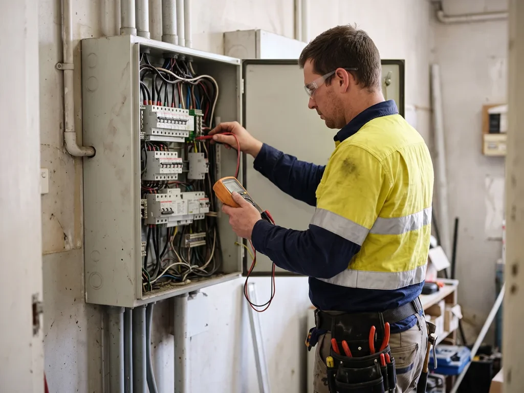 An electrician wearing high-visibility workwear and safety glasses testing wiring in an open electrical panel using a multimeter.