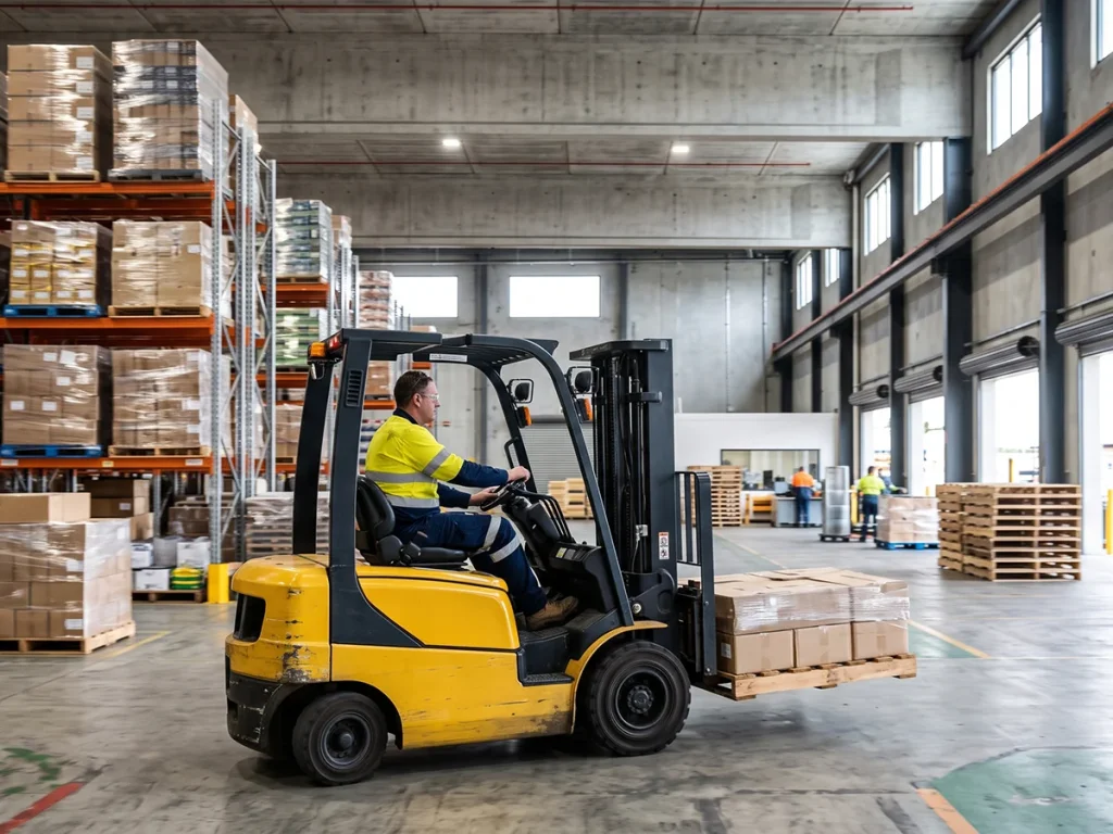 A licensed operator wearing high-visibility safety gear driving a yellow forklift while carrying a loaded pallet inside a large, modern industrial warehouse.