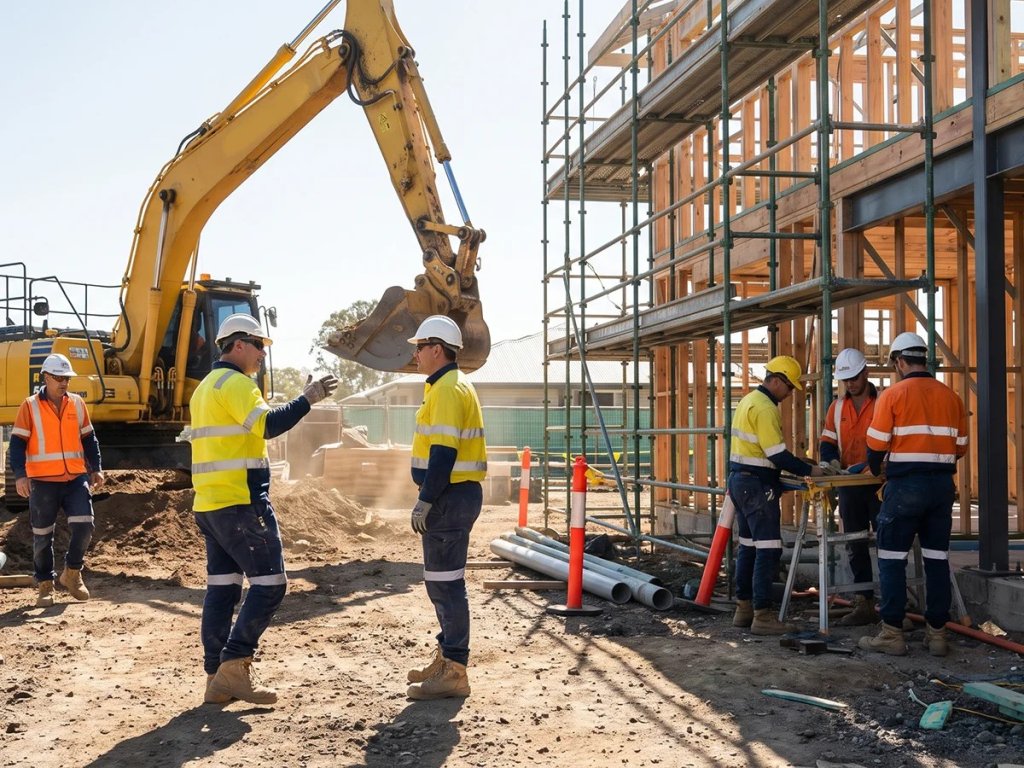 Construction workers and site supervisors in high-visibility vests discussing building plans on an active Queensland construction site with scaffolding and an excavator.