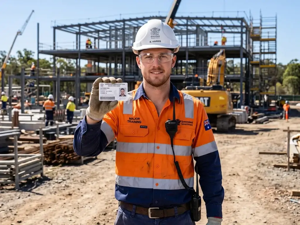Construction worker wearing high-vis gear and a hard hat holding up a QLD General Construction Induction White Card on an active job site.