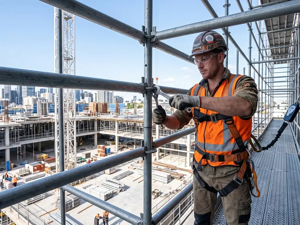A licensed scaffolder wearing full safety harness gear using a podgy spanner to secure modular steel scaffold on a multi-storey construction site.