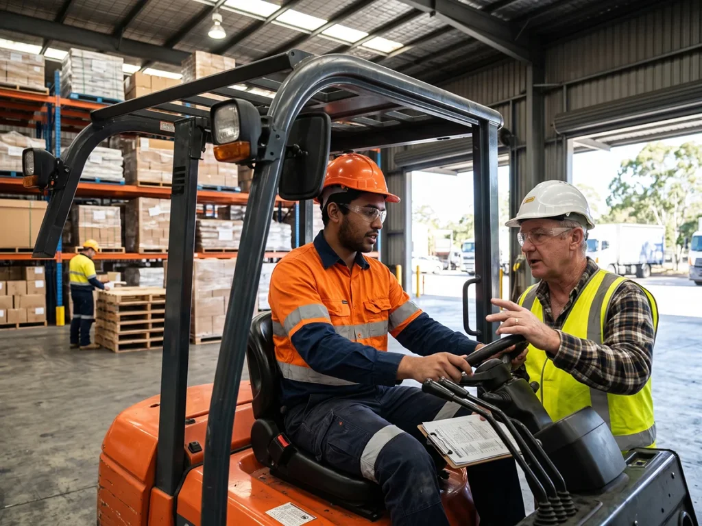 A supervisor in a high-visibility safety vest and hardhat training a forklift operator inside a Queensland warehouse facility.