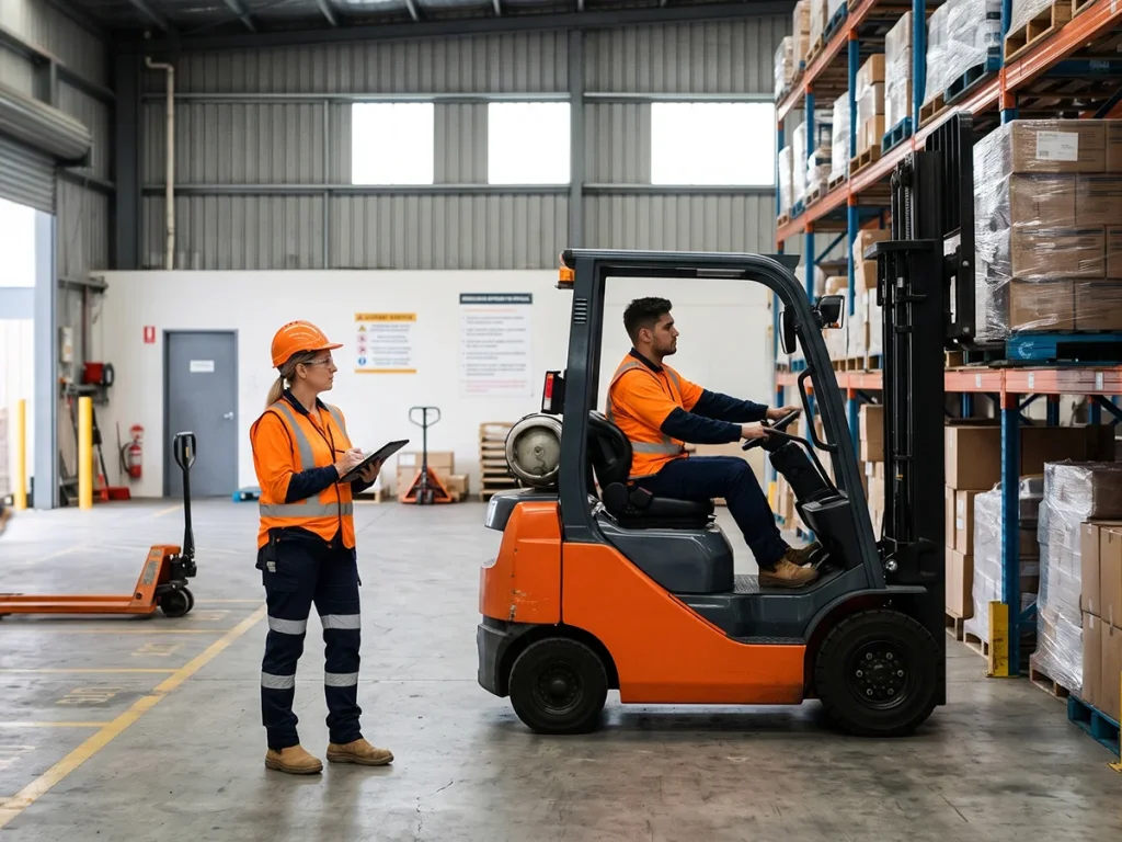 A female warehouse supervisor holding a clipboard while observing a male forklift driver maneuvering pallets beside industrial racking.